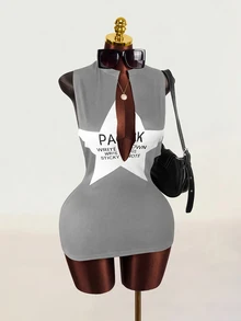 Mistrie New Autumn Star Print Mini Dress, Sexy Hollow Out Contrast Color Design For Women - Grey - View 2