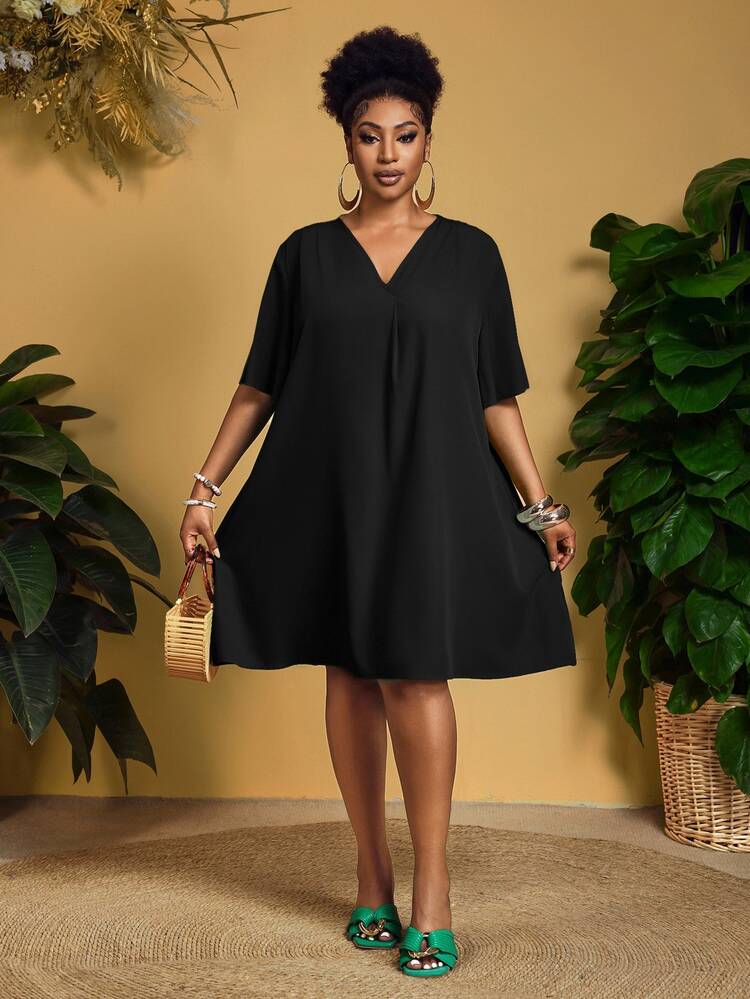 Veslaya Casual Black Fabric Plus Size Women's Loose Short Sleeve Dress Suitable For Summer Black Dress Music Festival Vacation - Black - View 6