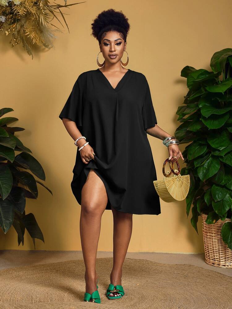 Veslaya Casual Black Fabric Plus Size Women's Loose Short Sleeve Dress Suitable For Summer Black Dress Music Festival Vacation - Black - View 8