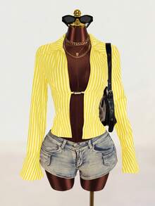 Mistrie Women's Striped Long Sleeve Sexy Shirt With Slit Design - Yellow - View 2