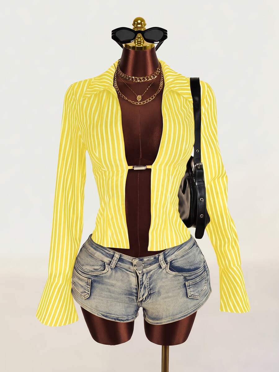 Mistrie Women's Striped Long Sleeve Sexy Shirt With Slit Design
