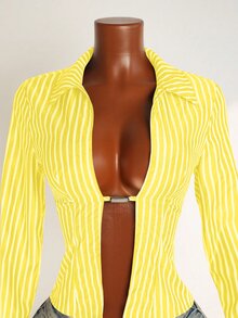 Mistrie Women's Striped Long Sleeve Sexy Shirt With Slit Design - Yellow - View 6