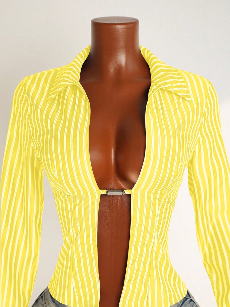 Mistrie Women's Striped Long Sleeve Sexy Shirt With Slit Design - Yellow - View 5