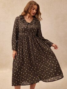 Écloséra Curve Đầm midi dáng chữ A cho nữ size lớn, cổ chữ V bèo nhún, thắt dây phía trước, vai thường, tay dài phồng, họa tiết in toàn thân, cài nút trước, bề mặt nhún, eo bo, phong cách thường ngày, phù hợp đi làm, hẹn hò, dạo phố mùa Thu/Đông - màu nâu - Xem 6