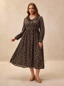 Écloséra Curve Đầm midi dáng chữ A cho nữ size lớn, cổ chữ V bèo nhún, thắt dây phía trước, vai thường, tay dài phồng, họa tiết in toàn thân, cài nút trước, bề mặt nhún, eo bo, phong cách thường ngày, phù hợp đi làm, hẹn hò, dạo phố mùa Thu/Đông - màu nâu - Xem 5