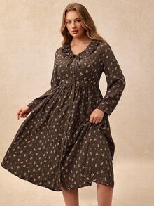 Écloséra Curve Đầm midi dáng chữ A cho nữ size lớn, cổ chữ V bèo nhún, thắt dây phía trước, vai thường, tay dài phồng, họa tiết in toàn thân, cài nút trước, bề mặt nhún, eo bo, phong cách thường ngày, phù hợp đi làm, hẹn hò, dạo phố mùa Thu/Đông - màu nâu - Xem 3
