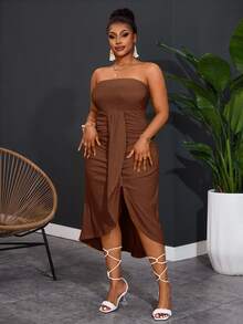 Veslaya Women's Plus Long Dress,Chocolate Brown,Summer,Elegant,Holiday Casual Vacation Tube Top Pleat Design Curved Hem Vertical Pattern Homecoming Dress - Brown - View 6