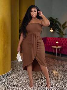 Veslaya Women's Plus Long Dress,Chocolate Brown,Summer,Elegant,Holiday Casual Vacation Tube Top Pleat Design Curved Hem Vertical Pattern Homecoming Dress - Brown - View 1