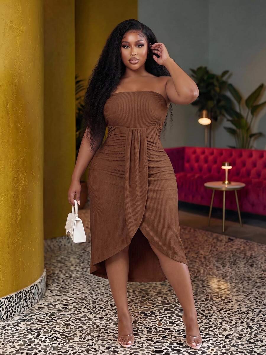 Veslaya Women's Plus Long Dress,Chocolate Brown,Summer,Elegant,Holiday Casual Vacation Tube Top Pleat Design Curved Hem Vertical Pattern Homecoming Dress - Brown - View 1