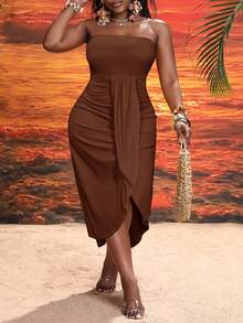 Veslaya Women's Plus Long Dress,Chocolate Brown,Summer,Elegant,Holiday Casual Vacation Tube Top Pleat Design Curved Hem Vertical Pattern Homecoming Dress - Brown - View 8