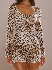 MUSERA Leopard Print Scoop Neck Button Up Detail Long Sleeve Mini Short Romper Playsuit Lingerie Nightwear Pajama Sexy Daily Purr Halloween - Multicolor - View 2