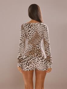 MUSERA Leopard Print Scoop Neck Button Up Detail Long Sleeve Mini Short Romper Playsuit Lingerie Nightwear Pajama Sexy Daily Purr Halloween - Multicolor - View 4