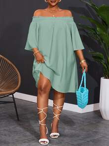 Veslaya Plus Size Women's Off Shoulder Elegant Casual Boho Soft Form Commute Vacation A-Line Dress Autumn Brunch Formal Sage Green - Green - View 4