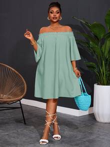 Veslaya Plus Size Women's Off Shoulder Elegant Casual Boho Soft Form Commute Vacation A-Line Dress Autumn Brunch Formal Sage Green - Green - View 5