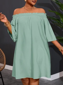 Veslaya Plus Size Women's Off Shoulder Elegant Casual Boho Soft Form Commute Vacation A-Line Dress Autumn Brunch Formal Sage Green - Green - View 3