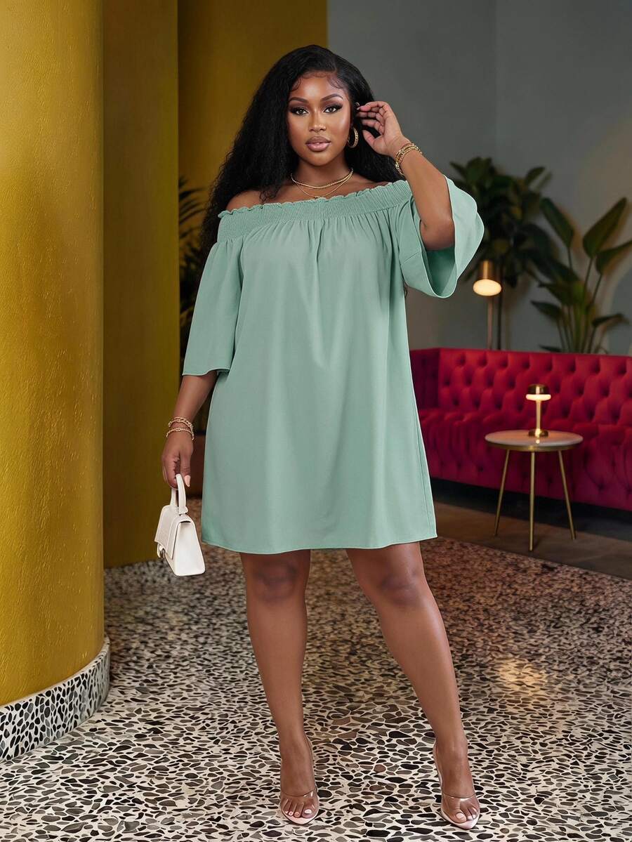 Veslaya Plus Size Women's Off Shoulder Elegant Casual Boho Soft Form Commute Vacation A-Line Dress Autumn Brunch Formal Sage Green - Green - View 1