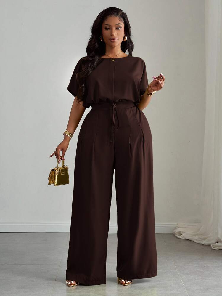 Slaydiva Nuevo conjunto de 2 piezas para mujer talla grande de primavera/verano - Top corto verde de manga raglán holgada con dobladillo con cordón y pantalones de pierna ancha con bolsillos - Marrón - Añade 3
