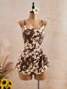 SHEIN Swim 女款花卉印花繫帶連身泳衣 度假海灘棕色花卉夏季熱帶風 - 棕色 - 查看 4