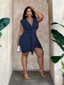 Slaydiva Plus Size Elegant & Party & Date Fitted Solid Pink Twist Front Ruched And Contrast Tie-Up Mini Dress, Women, Spring/Summer - F Fall - Royal Blue - View 4