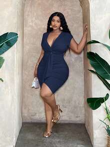 Slaydiva Plus Size Elegant & Party & Date Fitted Solid Pink Twist Front Ruched And Contrast Tie-Up Mini Dress, Women, Spring/Summer - F Fall - Royal Blue - View 3