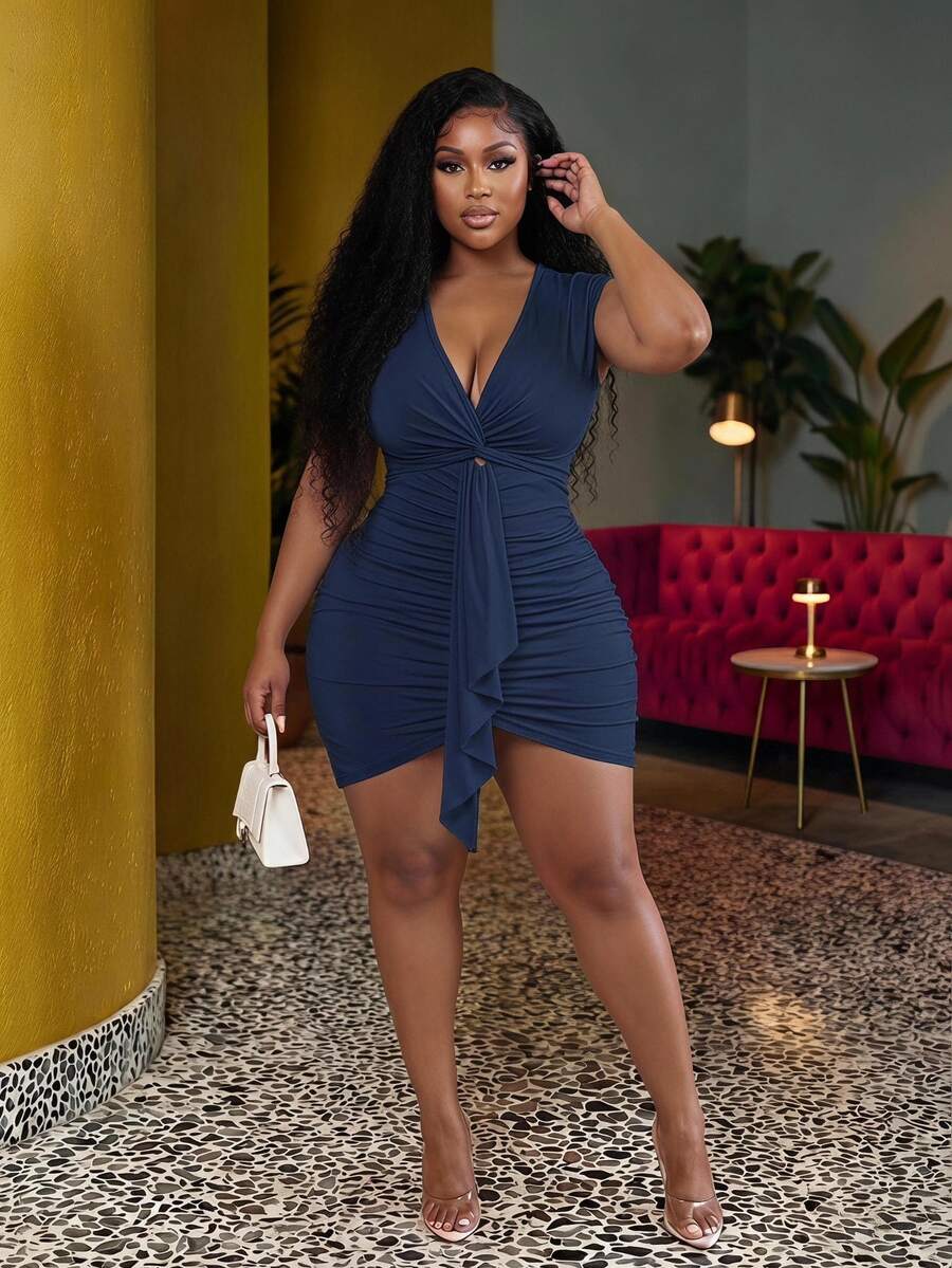 Slaydiva Plus Size Elegant & Party & Date Fitted Solid Pink Twist Front Ruched And Contrast Tie-Up Mini Dress, Women, Spring/Summer - F Fall - Royal Blue - View 1