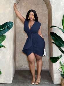 Slaydiva Plus Size Elegant & Party & Date Fitted Solid Pink Twist Front Ruched And Contrast Tie-Up Mini Dress, Women, Spring/Summer - F Fall - Royal Blue - View 5