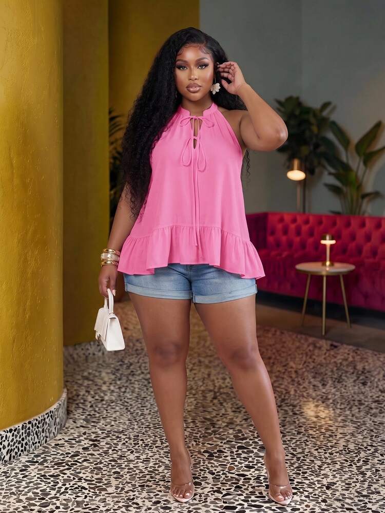 Veslaya Plus Size Elegant Ruffle Hem Tank Top For Women,Cerise Pink Summer Boho Vacation Holiday Sleeveless A-Line Camisole For Commuting,Beach,Cruise Travel - Pink - View 1