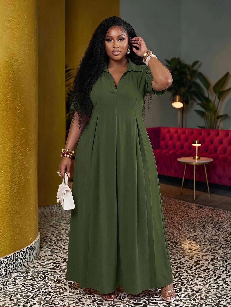 Slaydiva Spring/Summer New Arrival Vacation & Commute & Casual White Loose Short Sleeve V-Neck Pleated A-Line Maxi Shirt Dress For Plus Size Women - Army Green - View 1