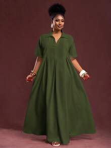 Slaydiva Spring/Summer New Arrival Vacation & Commute & Casual White Loose Short Sleeve V-Neck Pleated A-Line Maxi Shirt Dress For Plus Size Women - Army Green - View 4