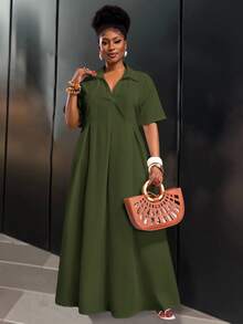 Slaydiva Spring/Summer New Arrival Vacation & Commute & Casual White Loose Short Sleeve V-Neck Pleated A-Line Maxi Shirt Dress For Plus Size Women - Army Green - View 3