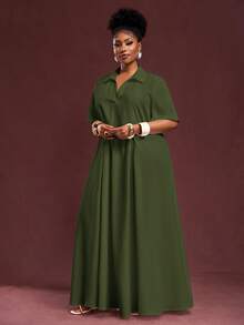 Slaydiva Spring/Summer New Arrival Vacation & Commute & Casual White Loose Short Sleeve V-Neck Pleated A-Line Maxi Shirt Dress For Plus Size Women - Army Green - View 9