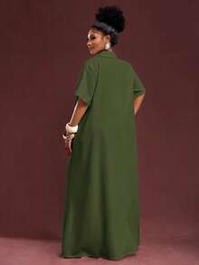 Slaydiva Spring/Summer New Arrival Vacation & Commute & Casual White Loose Short Sleeve V-Neck Pleated A-Line Maxi Shirt Dress For Plus Size Women - Army Green - View 2