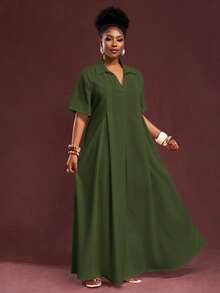 Slaydiva Spring/Summer New Arrival Vacation & Commute & Casual White Loose Short Sleeve V-Neck Pleated A-Line Maxi Shirt Dress For Plus Size Women - Army Green - View 5
