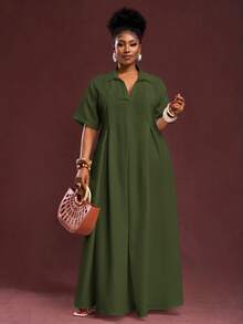 Slaydiva Spring/Summer New Arrival Vacation & Commute & Casual White Loose Short Sleeve V-Neck Pleated A-Line Maxi Shirt Dress For Plus Size Women - Army Green - View 8