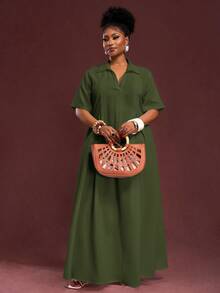 Slaydiva Spring/Summer New Arrival Vacation & Commute & Casual White Loose Short Sleeve V-Neck Pleated A-Line Maxi Shirt Dress For Plus Size Women - Army Green - View 7