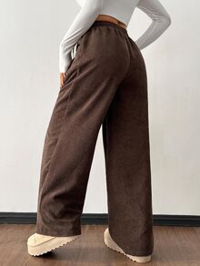 SHEIN 女童寬褲 春/夏/秋/冬新款 復古焦糖棕燈芯絨寬腿運動褲 休閒百搭 貼身低腰彈性腰帶 鬆緊寬腿抽繩運動褲 秋冬穿搭 童裝秋季疊穿 外出街頭校園風 - 棕色 - 查看 2