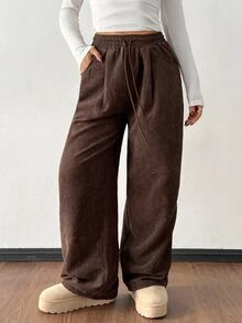 SHEIN 女童寬褲 春/夏/秋/冬新款 復古焦糖棕燈芯絨寬腿運動褲 休閒百搭 貼身低腰彈性腰帶 鬆緊寬腿抽繩運動褲 秋冬穿搭 童裝秋季疊穿 外出街頭校園風 - 棕色 - 查看 4