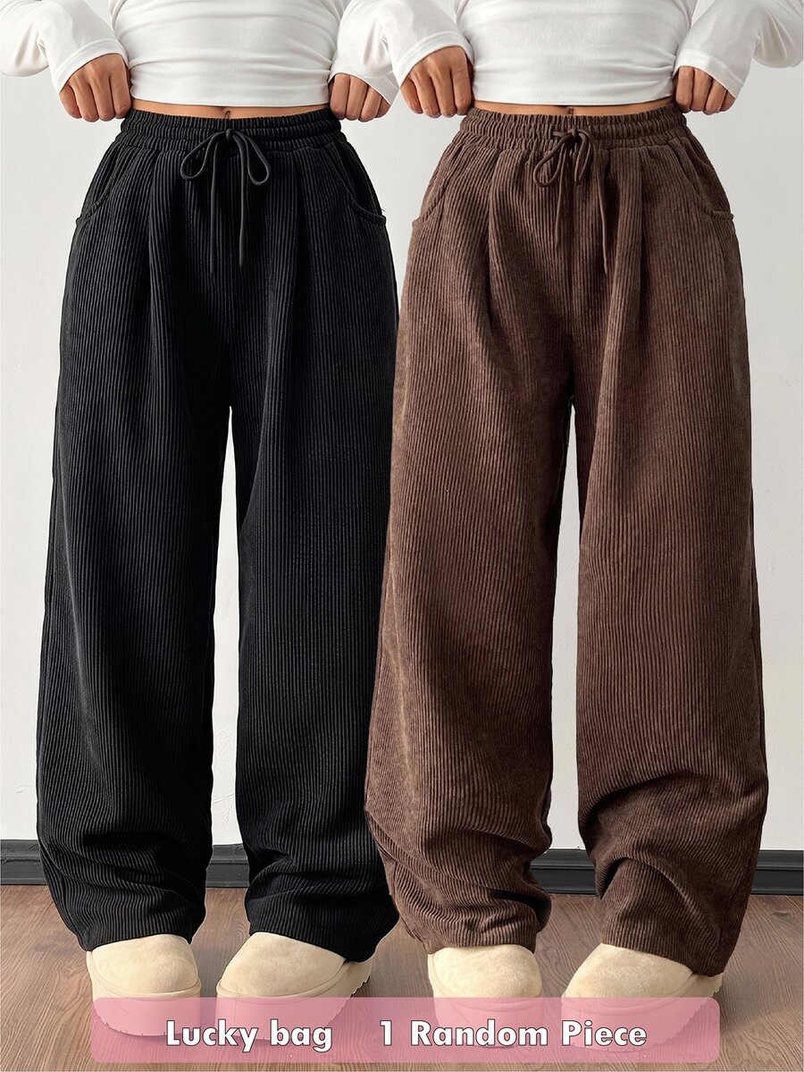 SHEIN 女童寬褲 春/夏/秋/冬新款 復古焦糖棕燈芯絨寬腿運動褲 休閒百搭 貼身低腰彈性腰帶 鬆緊寬腿抽繩運動褲 秋冬穿搭 童裝秋季疊穿 外出街頭校園風 - 棕色 - 查看 1