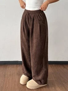 SHEIN 女童寬褲 春/夏/秋/冬新款 復古焦糖棕燈芯絨寬腿運動褲 休閒百搭 貼身低腰彈性腰帶 鬆緊寬腿抽繩運動褲 秋冬穿搭 童裝秋季疊穿 外出街頭校園風 - 棕色 - 查看 5