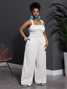 Veslaya Plus Size Women Solid Color Yellow Sleeveless Jumpsuit With Pockets, Casual Daily Holiday Wear - White - View 4