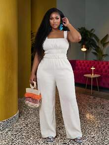 Veslaya Plus Size Women Solid Color Yellow Sleeveless Jumpsuit With Pockets, Casual Daily Holiday Wear - White - View 2
