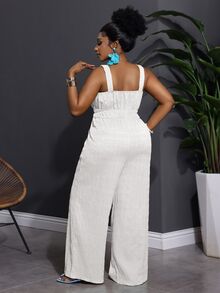 Veslaya Plus Size Women Solid Color Yellow Sleeveless Jumpsuit With Pockets, Casual Daily Holiday Wear - White - View 3