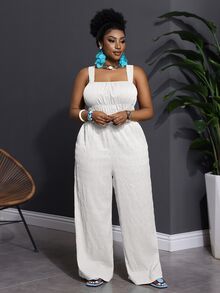 Veslaya Plus Size Women Solid Color Yellow Sleeveless Jumpsuit With Pockets, Casual Daily Holiday Wear - White - View 7