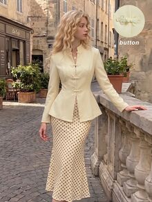 SHEIN MOD Women's Solid Color Frog Button Design Long Sleeve Elegant Blazer - Light Yellow - View 3