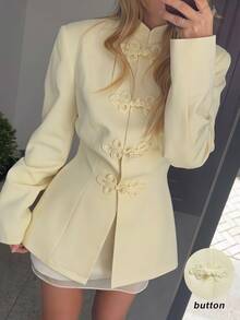SHEIN MOD Women's Solid Color Frog Button Design Long Sleeve Elegant Blazer - Light Yellow - View 1