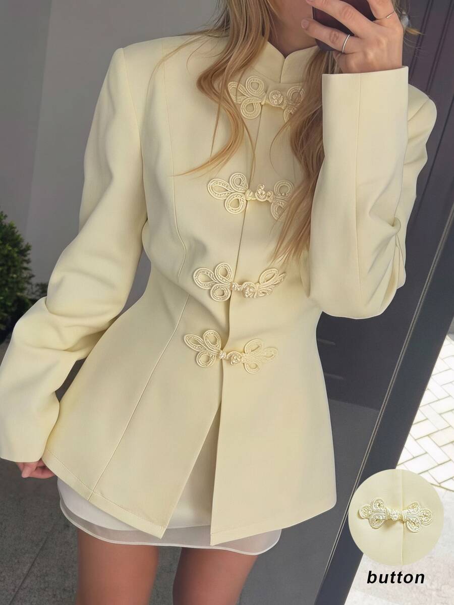 SHEIN MOD Women's Solid Color Frog Button Design Long Sleeve Elegant Blazer - Light Yellow - View 1