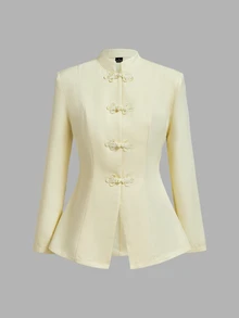SHEIN MOD Women's Solid Color Frog Button Design Long Sleeve Elegant Blazer - Light Yellow - View 4