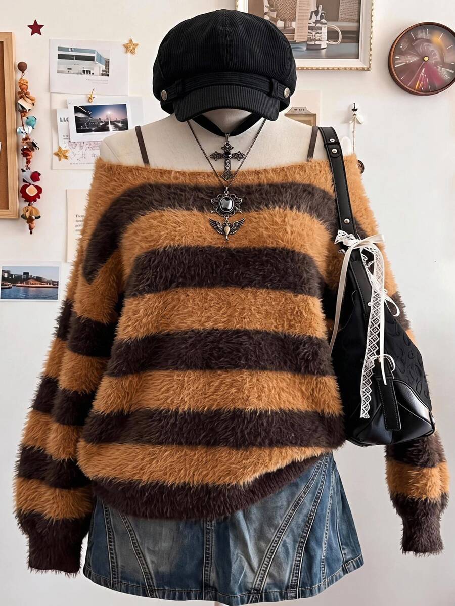 Comfortcana Plus Size Women's Striped Asymmetrical Shoulder Drop Sleeve Casual Pullover Sweater Fall - Multicolor - View 1