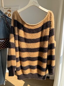 Comfortcana Plus Size Women's Striped Asymmetrical Shoulder Drop Sleeve Casual Pullover Sweater Fall - Multicolor - View 2