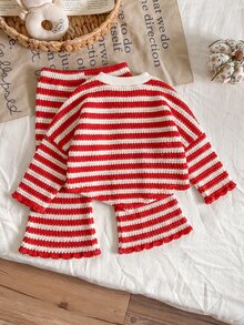 SHEIN 女嬰 T-shirt 上衣套裝 秋冬休閒條紋長袖可愛日常戶外穿搭套裝 卡其灰色印花套裝 - 彩色 - 查看 8